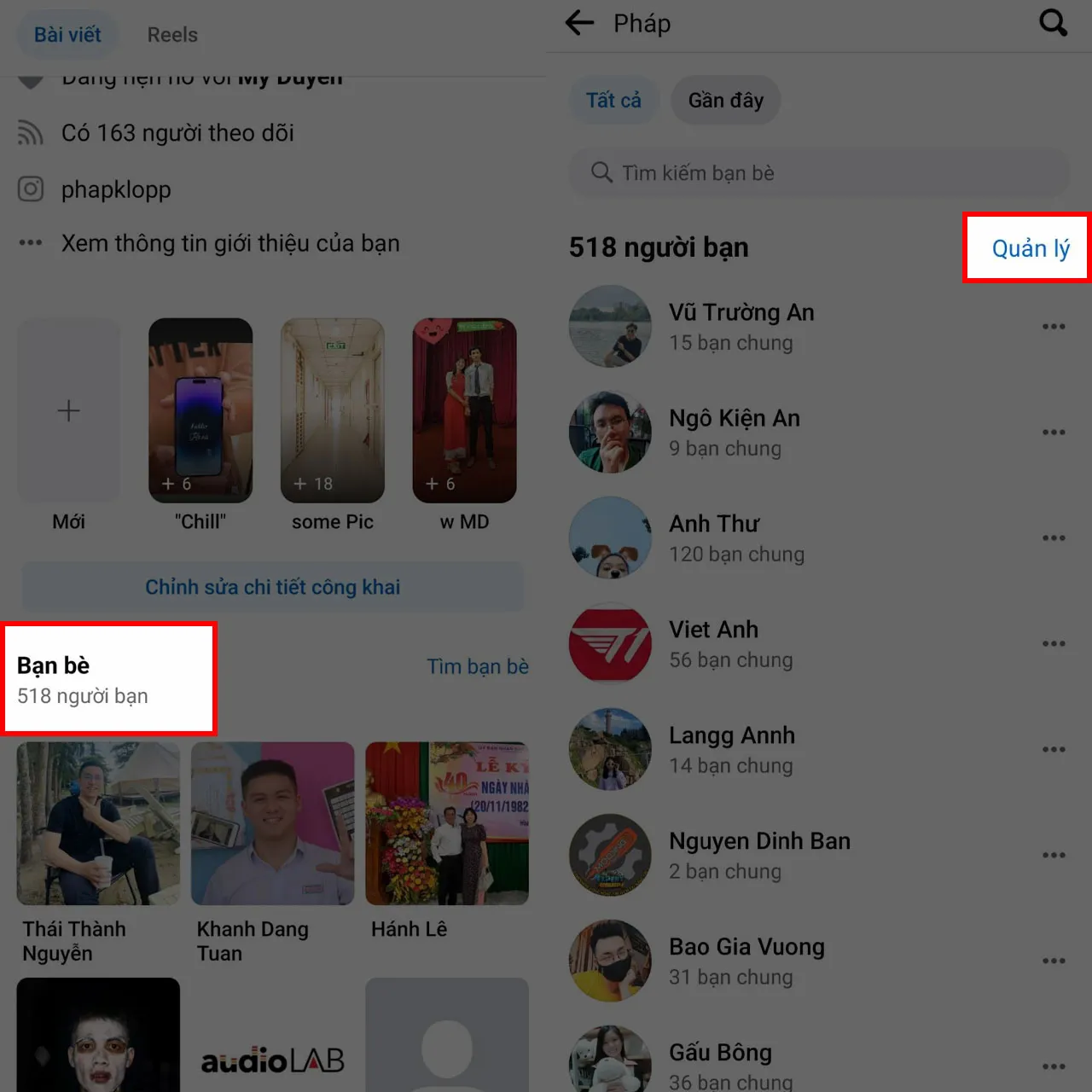 Nút quản lý bạn bè trên Facebook